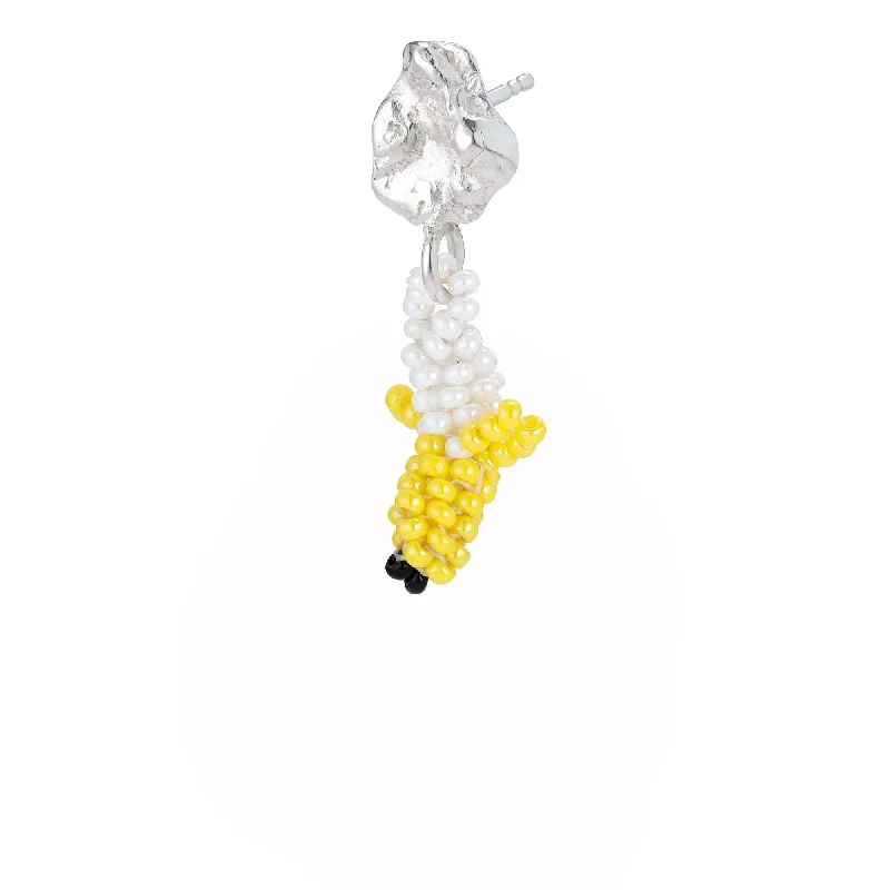 Trendy Drop Hoop Earrings-Tiny Blob Banana Earring Silver, Yellow Beads