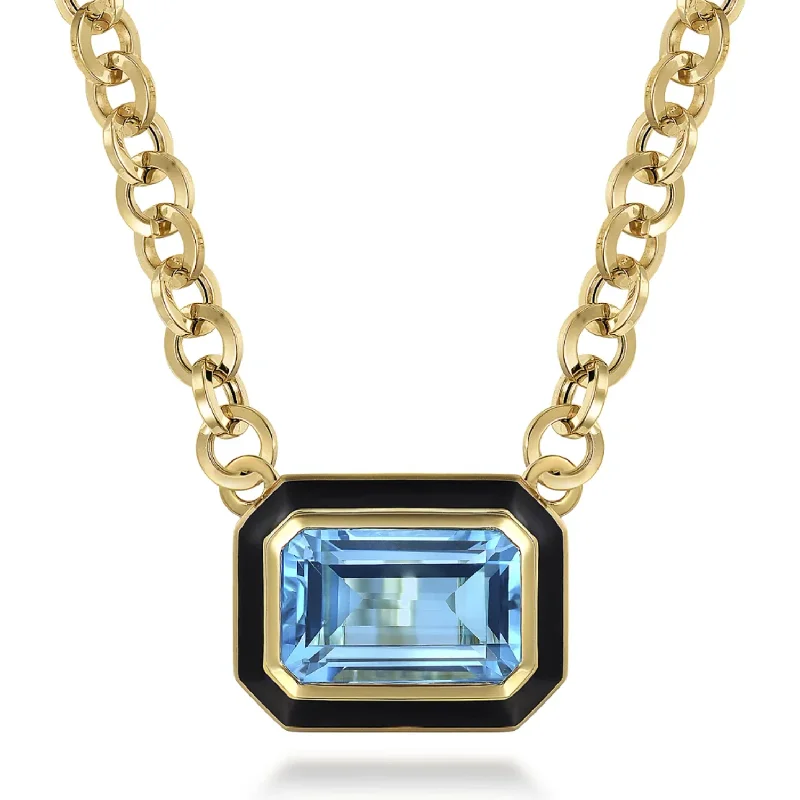 Moon Necklaces-Gabriel 14K Yellow Gold Blue Topaz Emerald Cut Necklace with Black Enamel