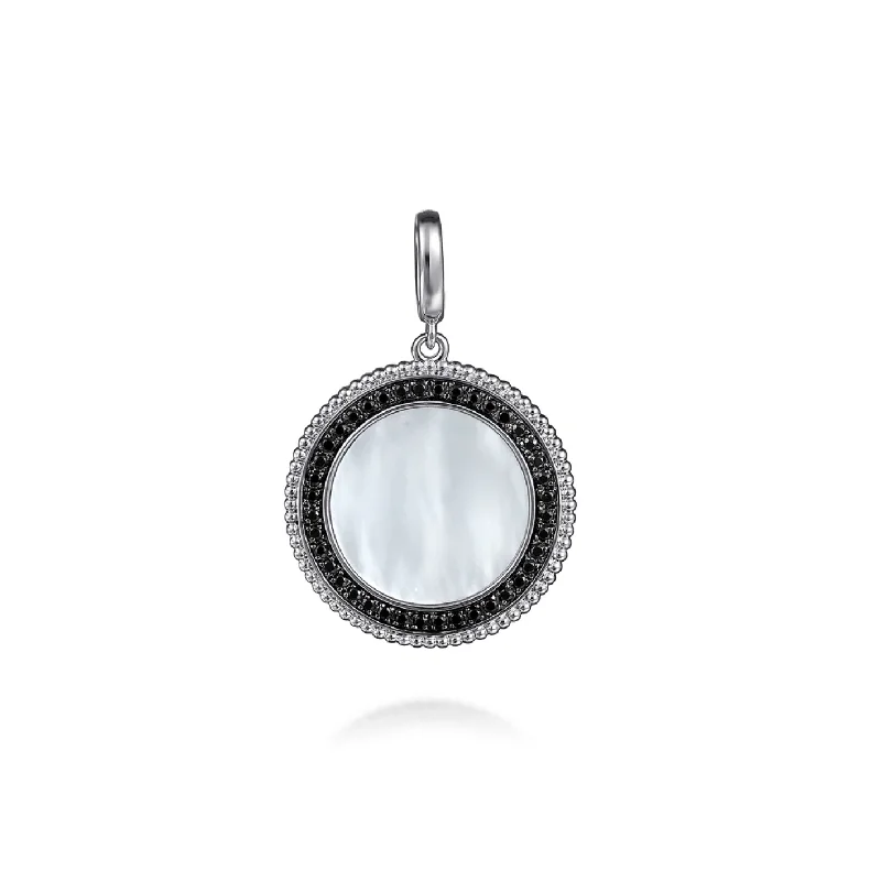 Sterling Silver Necklaces-Gabriel Silver White Mother Pearl and Black Spinel Bujukan Medallion Pendant