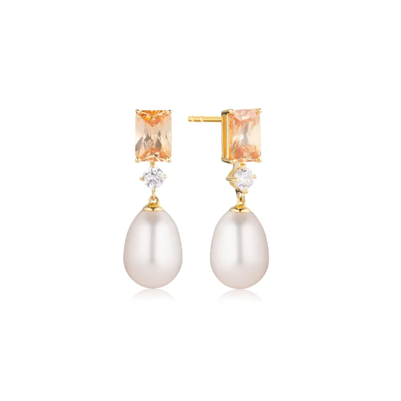 Colorful Drop Earrings-Galatina 18K Gold Plated Earrings w. Zirconias & Pearl