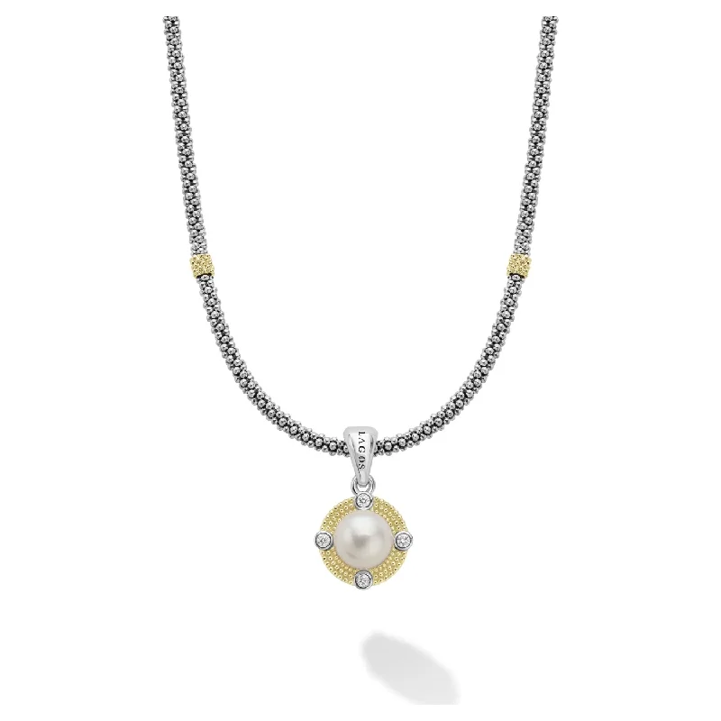 Luxury Custom Necklaces-Lagos Sterling Silver and 18K Gold Luna Pearl & Diamond Lux Necklace