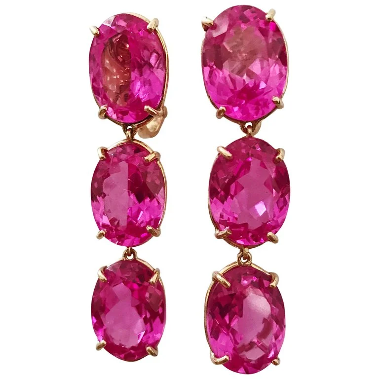 Sparkling Gold Earrings-Elegant Three-Stone Drop Earrings with Pink Topaz