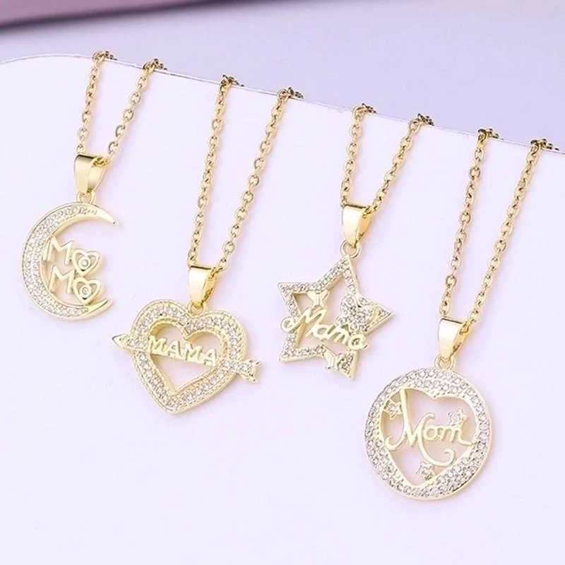 High Fashion Necklaces-Fashion Mama Letter Heart Shape Stainless Steel Rhinestone Plating Inlay Zircon 18k Gold Plated Pendant Necklace