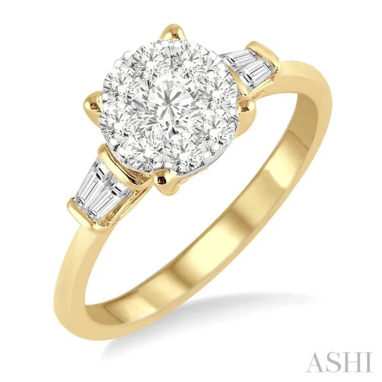 Customizable Engagement Rings-3/4 ctw Round and Baguette Diamond Lovebright Engagement Ring in 14K Yellow and White gold