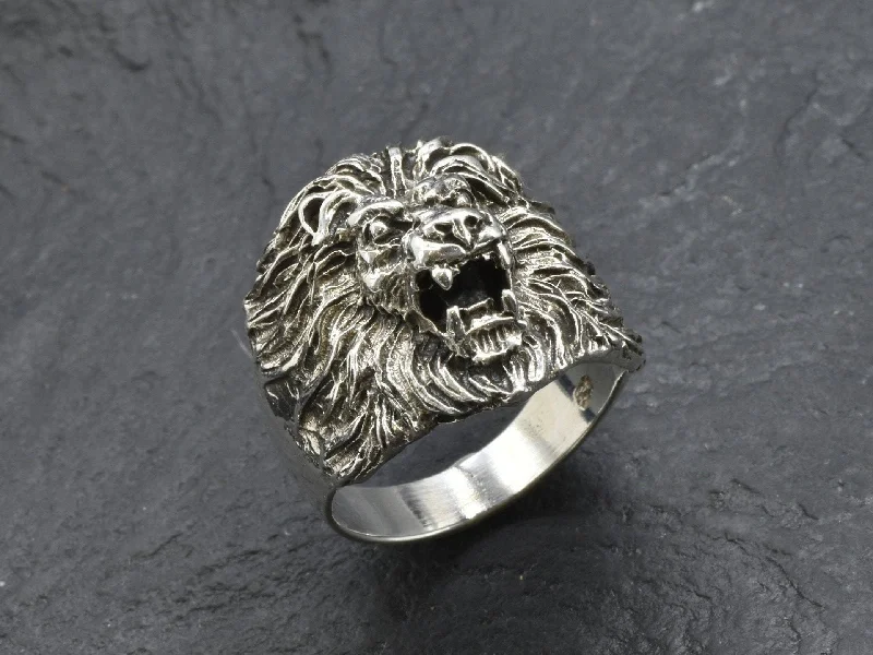 Customizable Engagement Rings for Couples-Silver Lion Ring - Animal Statement Ring - Lion Head Ring