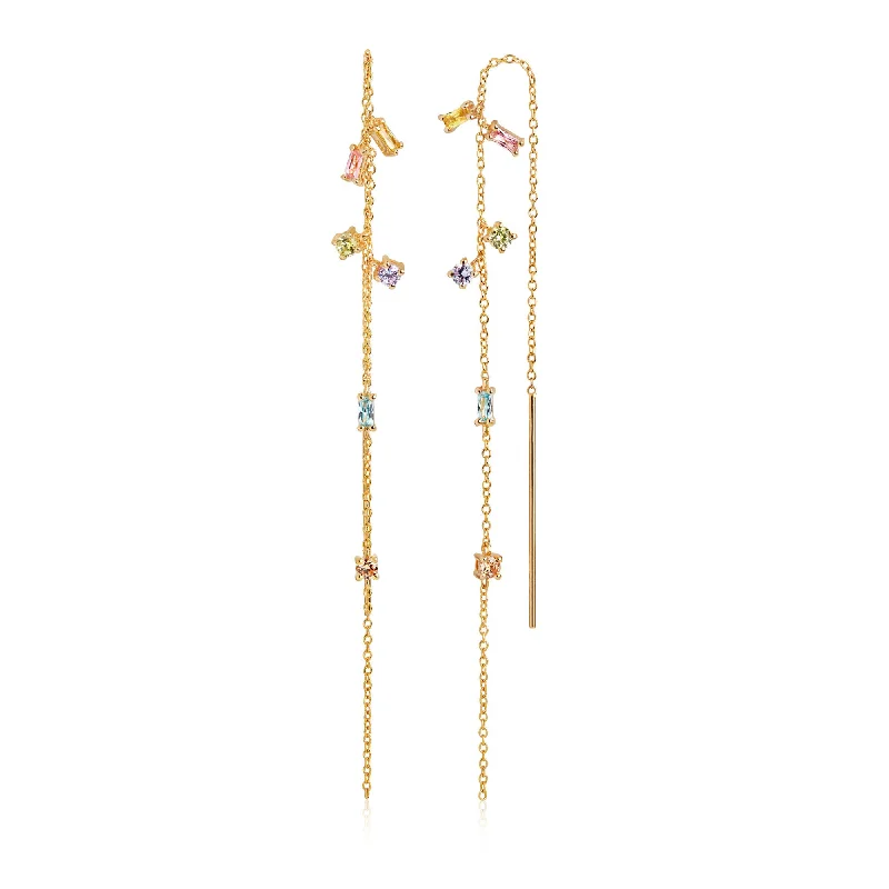 Simple Hoop Earrings-Princess Gold Plated Chain Earrings w. Yellow & Pink Zirconias