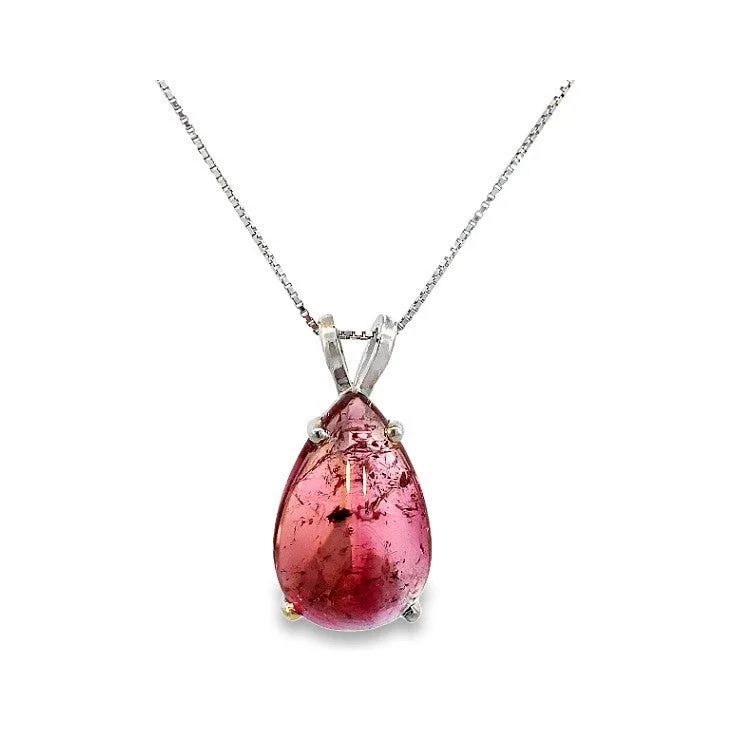 Religious Necklaces-Sterling Silver Cabachon Pink Tourmaline Necklace