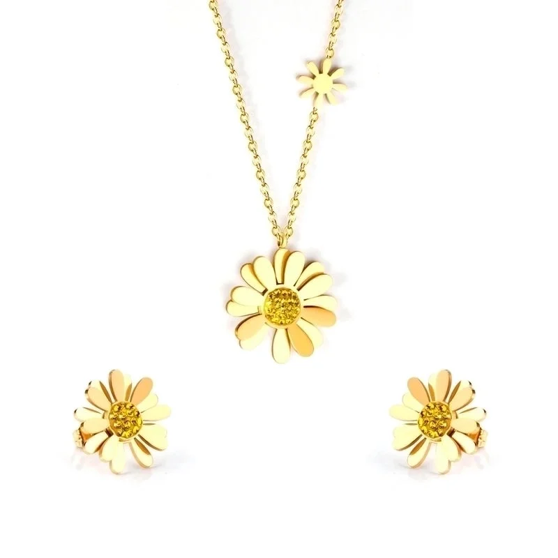 Layered Chain Necklaces-Simple Style Flower Stainless Steel Inlay Zircon Earrings Necklace 1 Set