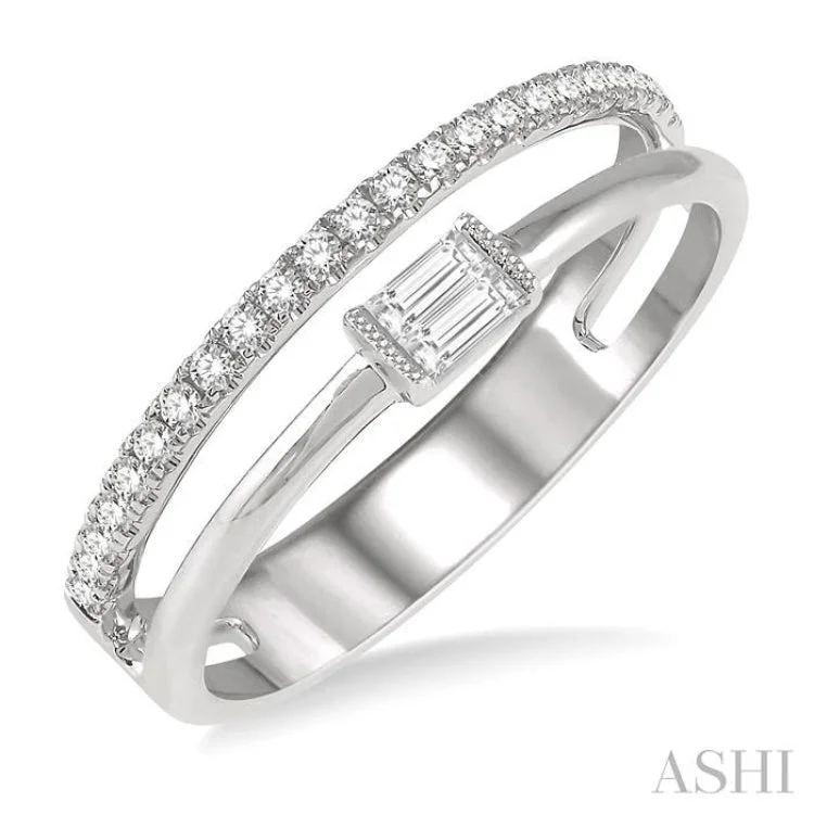 Stackable Diamond Rings-1/5 ctw Double Row Baguette and Round Diamond Fashion Ring in 14K White Gold