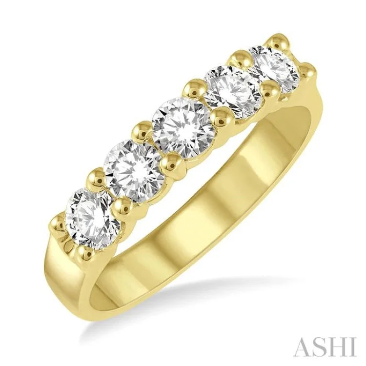 Stackable Diamond Rings-1.00 ctw 5 Stone Round Cut Diamond Wedding Band in 14K Yellow Gold