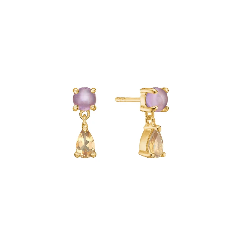 Personalized Gold Earrings-Olalla 18K Gold Plated Hoops w. Amethyst & pear shaped Quartz