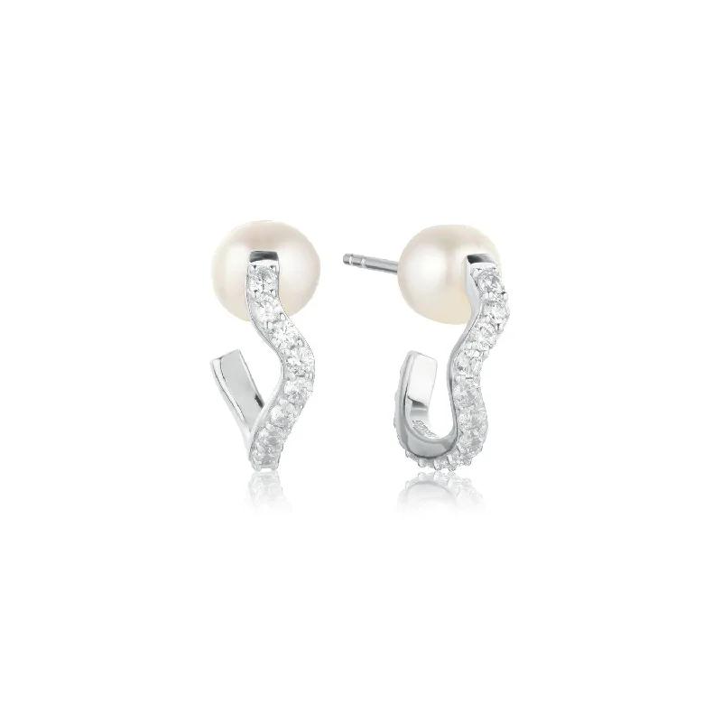 Simple Drop Earrings-Ponza Medio Silver Creols w. Zirconias & Pearl