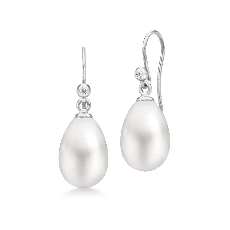 Designer Gold Earrings-Afrodite Silver Earrings w. Pearl & Zirconia