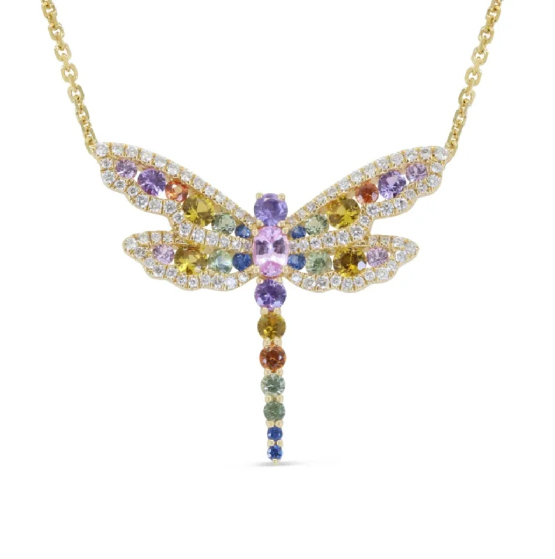 Chunky Necklaces-14K Yellow Gold Multi-Sapphire & Diamond Dragonfly Necklace