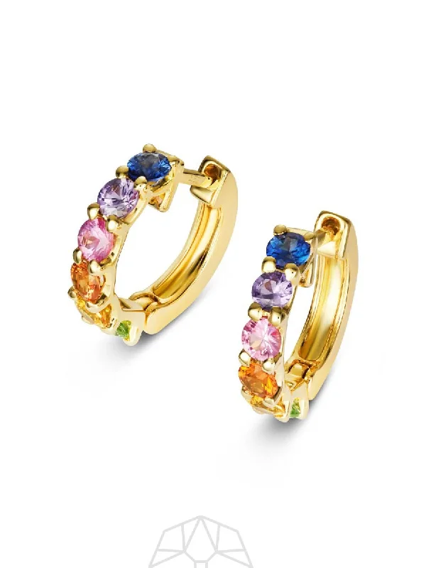 Large Hoop Earrings for Women-Chunky Rainbow Sapphire 14K Gold Earrings