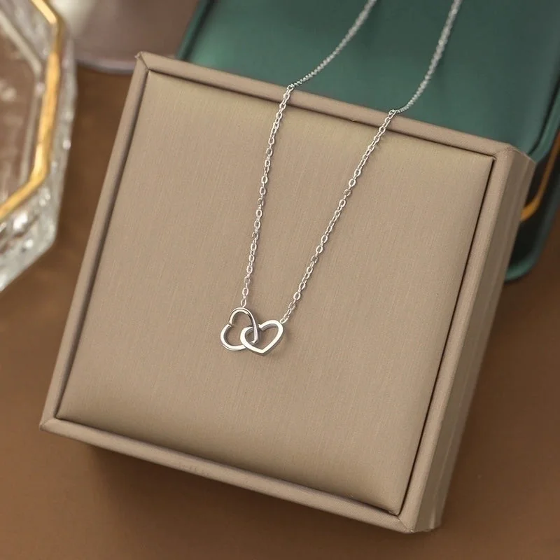 Yc [H6142] Double Heart Necklace [Steel Color]]