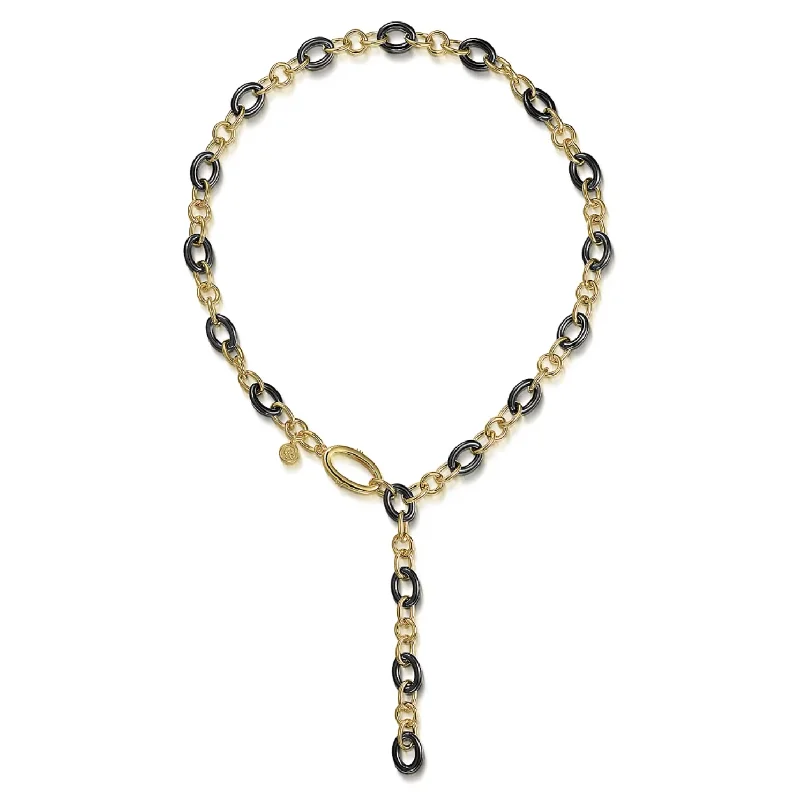 Engraved Necklaces-Gabriel 14K Yellow Gold Hollow Tube & Black Oval Ceramic Y-Knots Necklace