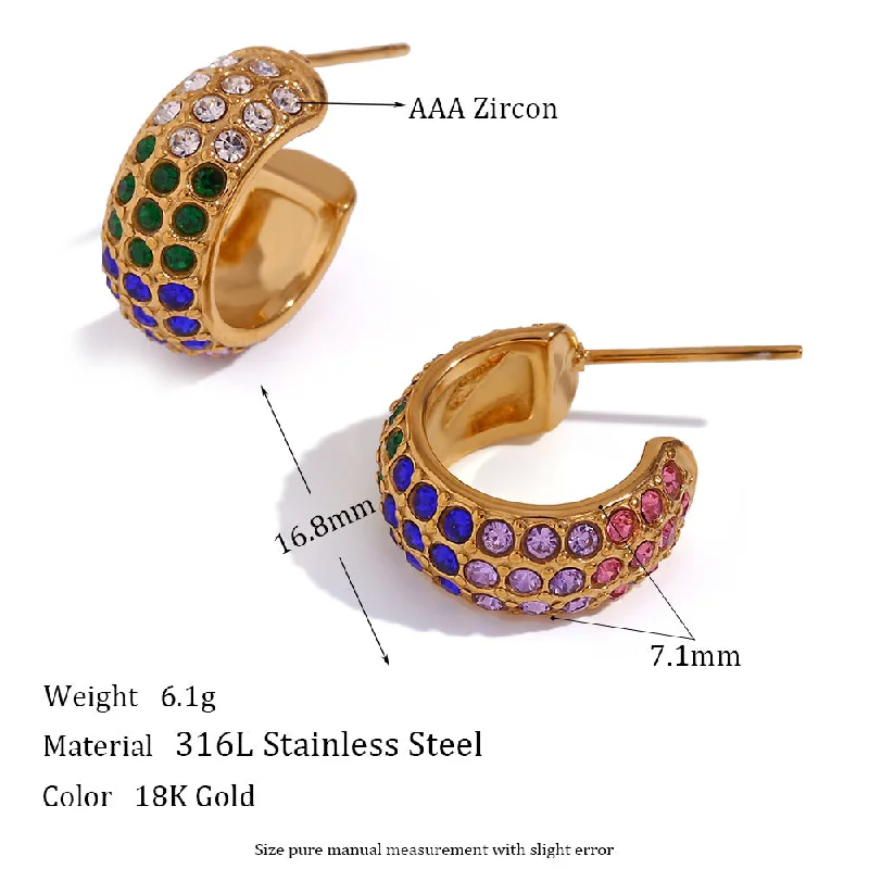 Full Diamond C-shaped Bread Earrings - Gold - Colorful Diamond