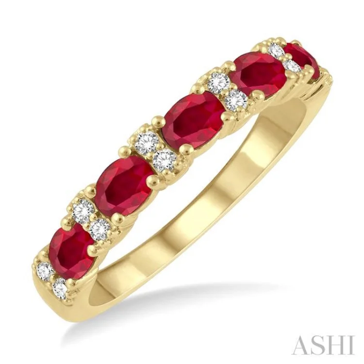 Custom Classic Wedding Rings for Men-4x3 MM Oval Shape Ruby and 1/6 ctw Round Cut Diamond Precious Band in 14K Yellow Gold