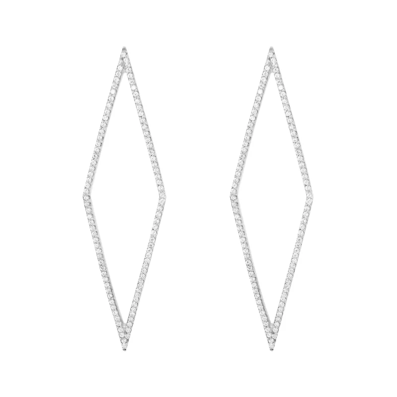 Gold Hoop Earrings-Rhomb White Rhodium on Silver Earrings w. Zirconia