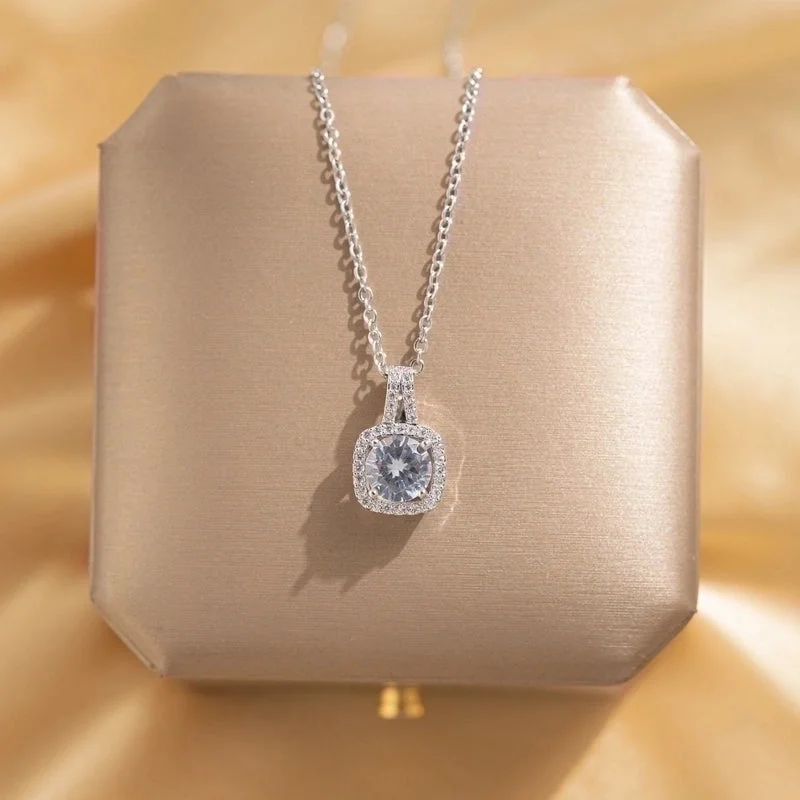 Square Diamond Zircon Necklace White Gold Color