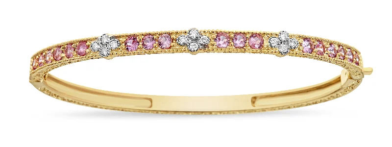 Custom Bracelets for Weddings-3 Cluster Pink Sapphire & White Diamond Bangle