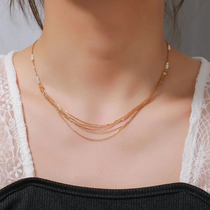 Mixed Metal Necklaces-Freshwater Pearl Brass 18K Gold Plated Irregular Layered Necklaces