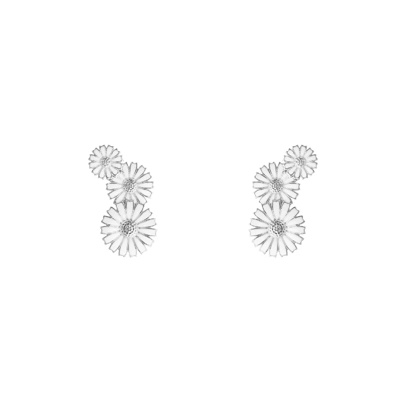 Modern Pearl Earrings-Daisy 3 Flower Layered Silver Earrings w. White Enamel