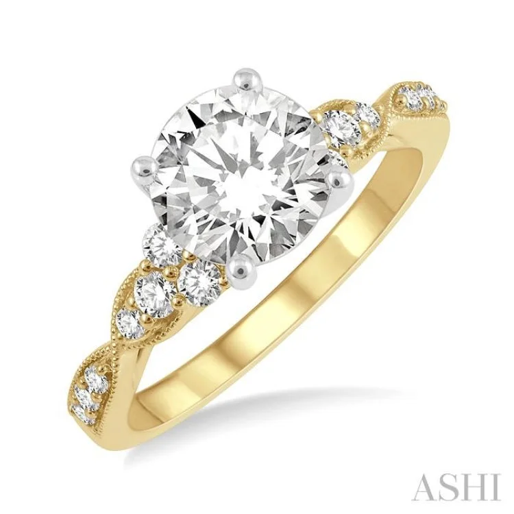 Custom Stackable Wedding Rings-1/4 ctw Carved Shank Round Cut Diamond Semi Mount Engagement Ring in 14K Yellow and White Gold