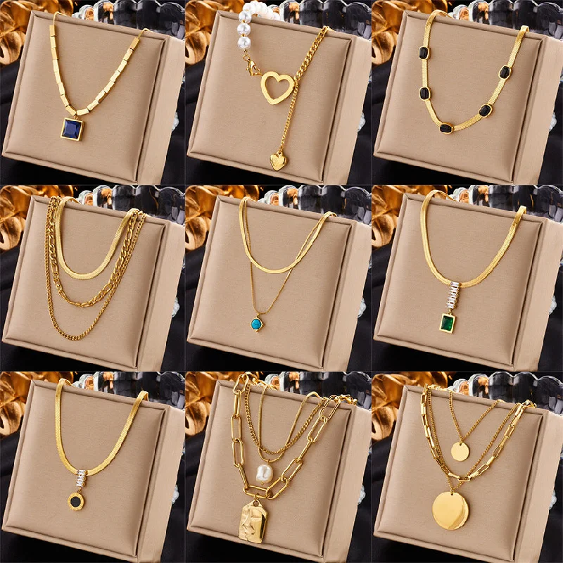 Simple Pendant Necklaces-Fashion Square Chain Titanium Steel Electroplating Necklaces