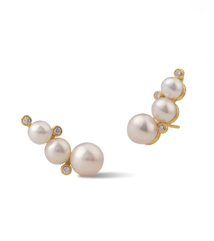 Trendy Pearl Earrings-Sea Foam Glimmers 18K Gold Earrings w. Pearls & Diamonds