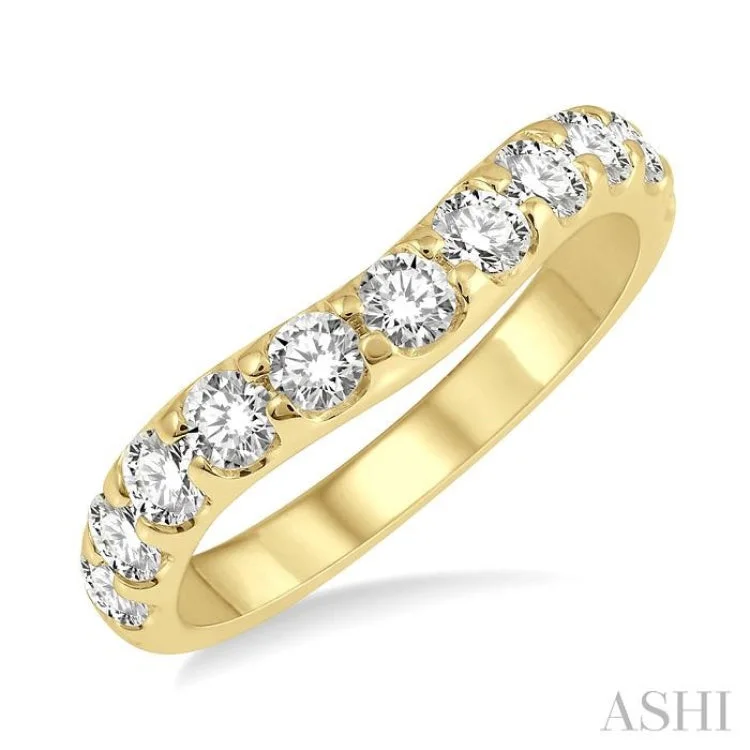 Handmade Engagement Bands-1.00 ctw Arched Center Round Cut Diamond Wedding Band in 14K Yellow Gold