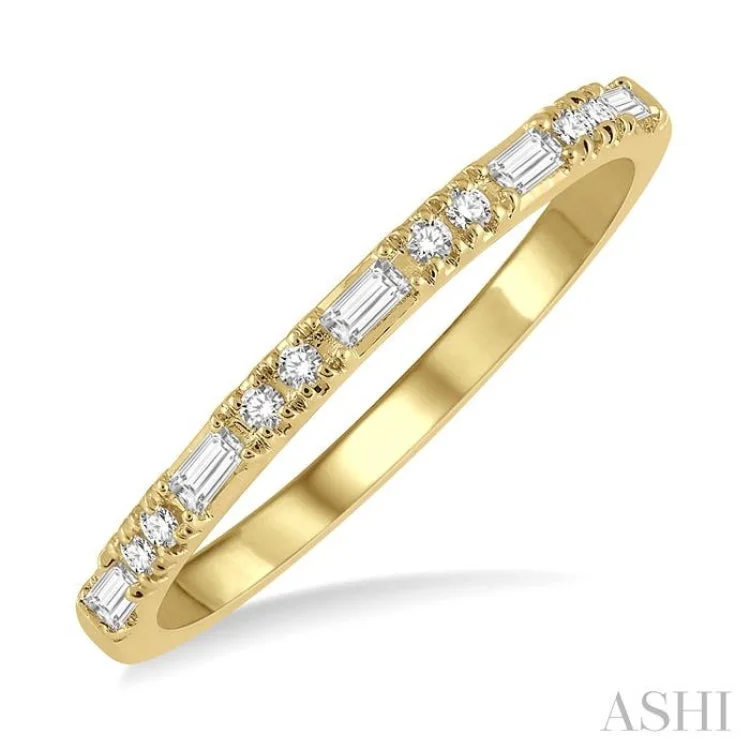 Custom Gold Wedding Ring Sets-1/6 ctw Baguette and Round Cut Diamond Stack Band in 14K Yellow Gold