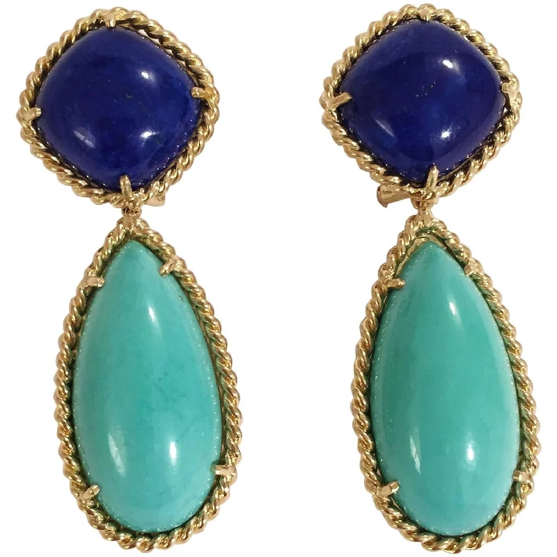 Sparkling Crystal Earrings-Elegant Lapis Turquoise Gold Rope Twist Edged Cushion Drop Earrings