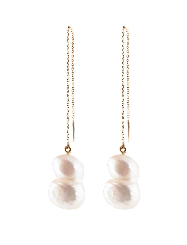 Simple Gold Earrings-Twin Pearl Chain Gold Plated Earrings w. Pearl