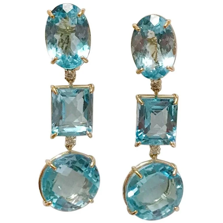 Gold and Diamond Earrings-18kt Yellow Gold Three Drop Earring with Blue Topaz and Diamond