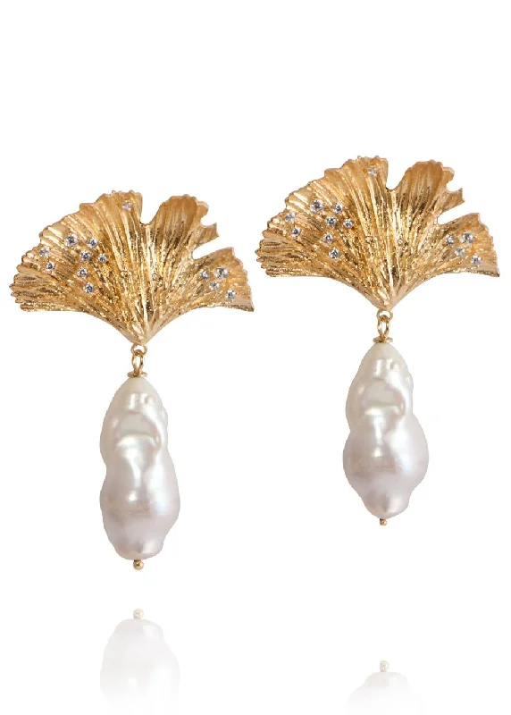 Modern Silver Hoop Earrings-Ginkgo Leaf Vermeil Gold Plated Earrings w. Pearls