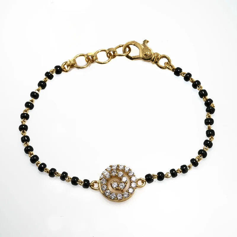 Healing Crystal Bracelets-22K Yellow Gold Black Bead Bracelet W/ CZ Gems & Swirl Pendant