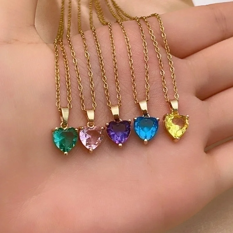 Custom Birthstone Pendant Necklaces-Elegant Simple Style Heart Shape Stainless Steel Plating Inlay Zircon Gold Plated Pendant Necklace