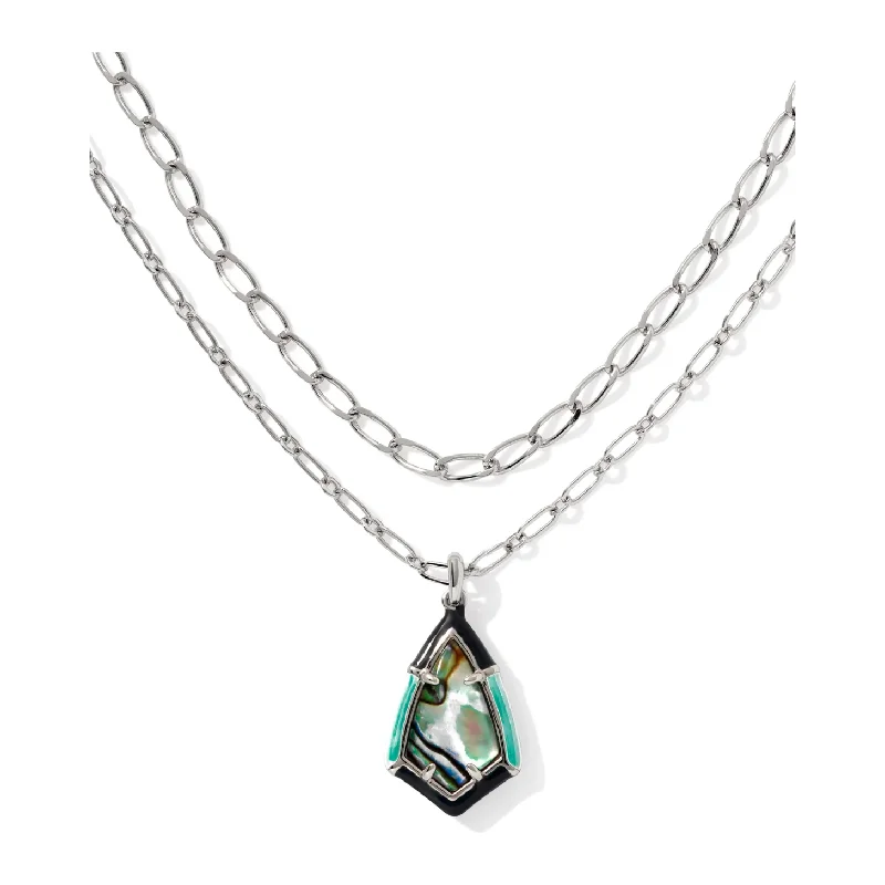 Designer Necklaces-Kendra Scott Camry Silver Enamel Frame Multi Strand Necklace in Abalone Shell