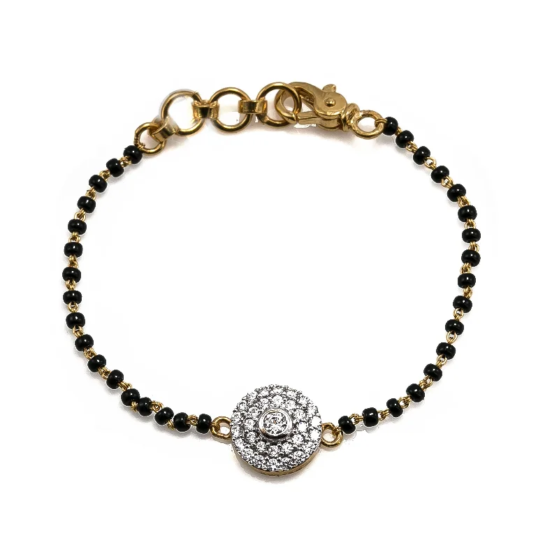 Classic Silver Bracelets for Men-22K Yellow Gold Black Bead Bracelet W/ CZ Gems & Round Layered Pendant