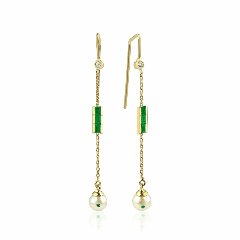 Large Drop Gemstone Earrings-Eline 18K Gold Earrings w. Diamonds, Emeralds & Pearls