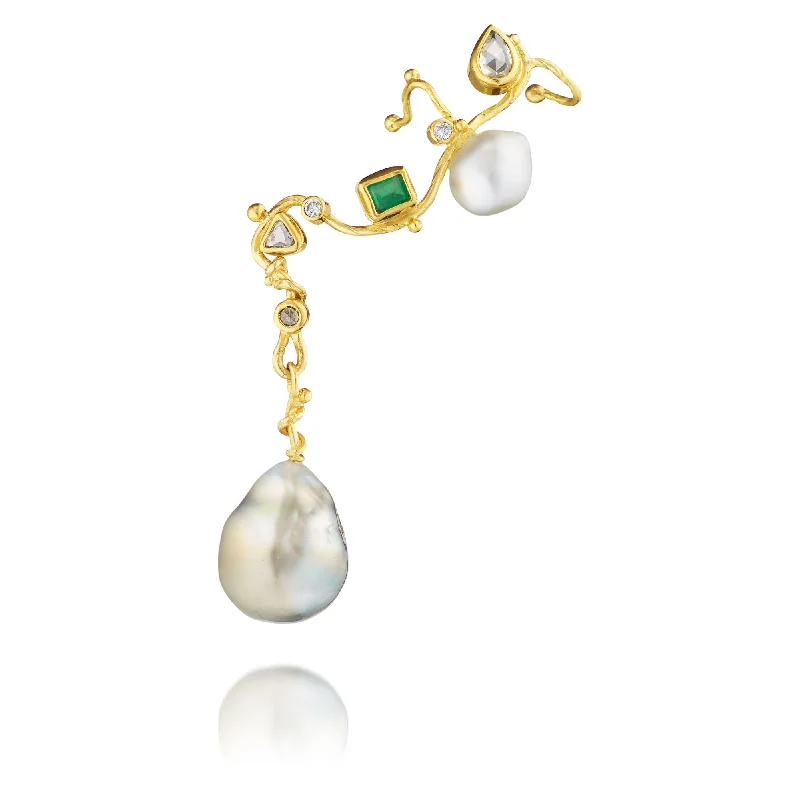 Unique Drop Stud Earrings-Filuka 18K Gold Earring w. Diamond, Pearl, Sapphire & Emerald