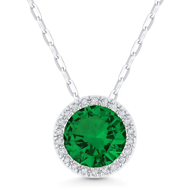 Wedding Pendant Necklaces-14K White Gold Round Created Emerald and Diamond Halo Pendant