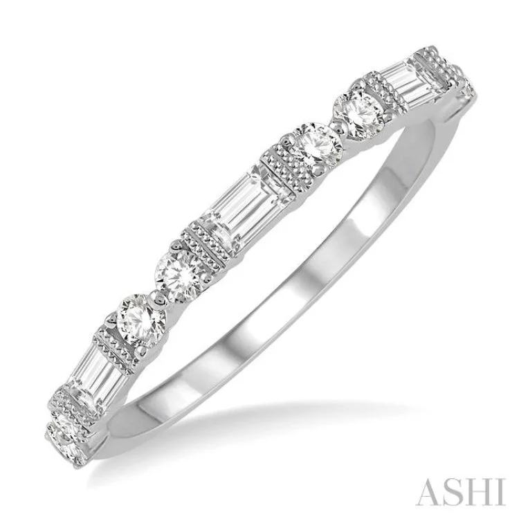 Customizable Promise Wedding Ring Sets-1/2 ctw Segmented Art Deco Baguette and Round Cut Diamond Stackable Band in 14K White Gold