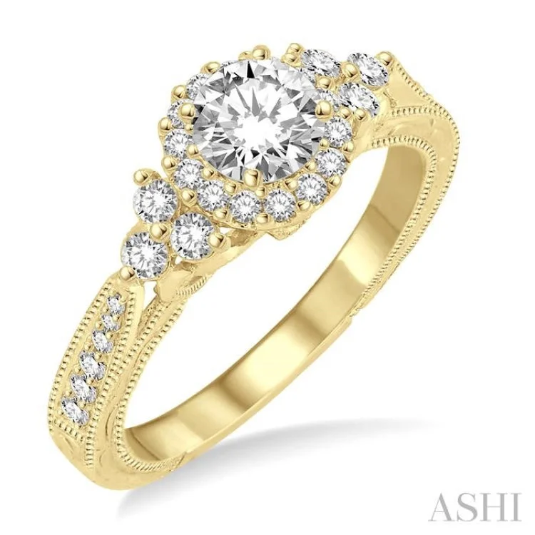 Affordable Wedding Band Sets for Couples-3/4 ctw Diamond Engagement Ring with 1/4 ct Round Cut Center Stone in 14K Yellow Gold