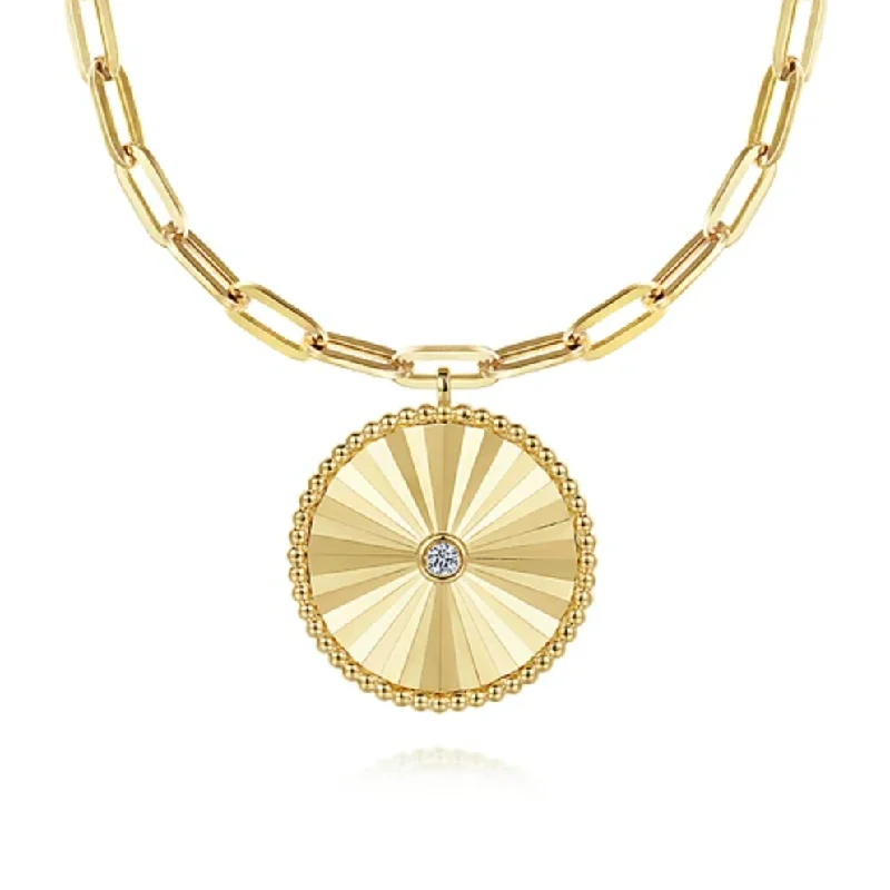 Bridal Set Necklaces-Gabriel 14K Yellow Gold Textured Diamond Medallion Hollow Chain Necklace