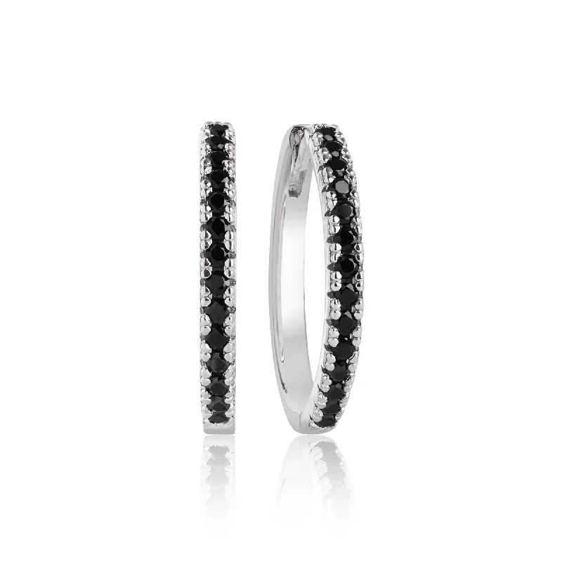 Classic Hoop Earrings for Women-Ellera Grande Silver Earrings w. Black Zirconias