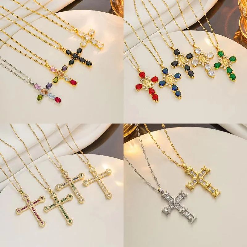 Opal Necklaces-Moderate Luxury Cross Geometric Titanium Steel 18K Gold Plated Necklaces