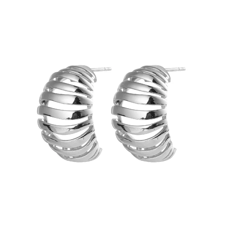 Modern Gold Drop Earrings-Ribbed Large Silver Earrings